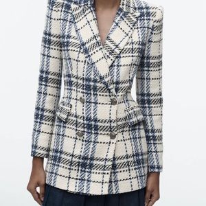 ZARA Ecru & Blue Textured Double Breasted Blazer Jacket Size XL Emmy Raver TUA